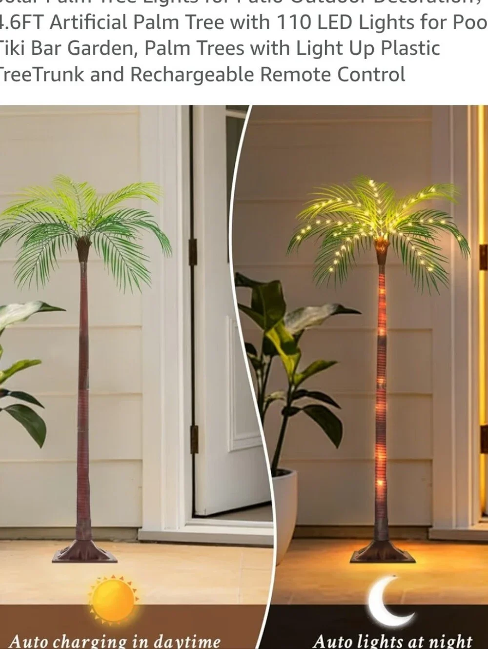 NWT Solar-Powered LED Palm Tree Light - Green Leaves, Brown Trunk 4.6ft